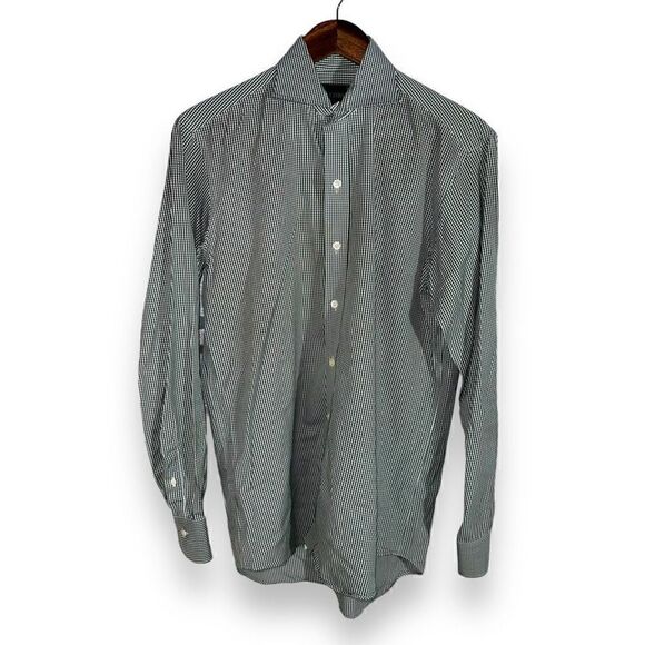 Green Gingham Ledbury Fine Shirting Dress Shirt Size M 15 - Picture 1 of 5